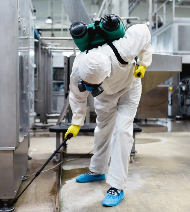Exterminator in industrial plant spraying pesticide with sprayer.
